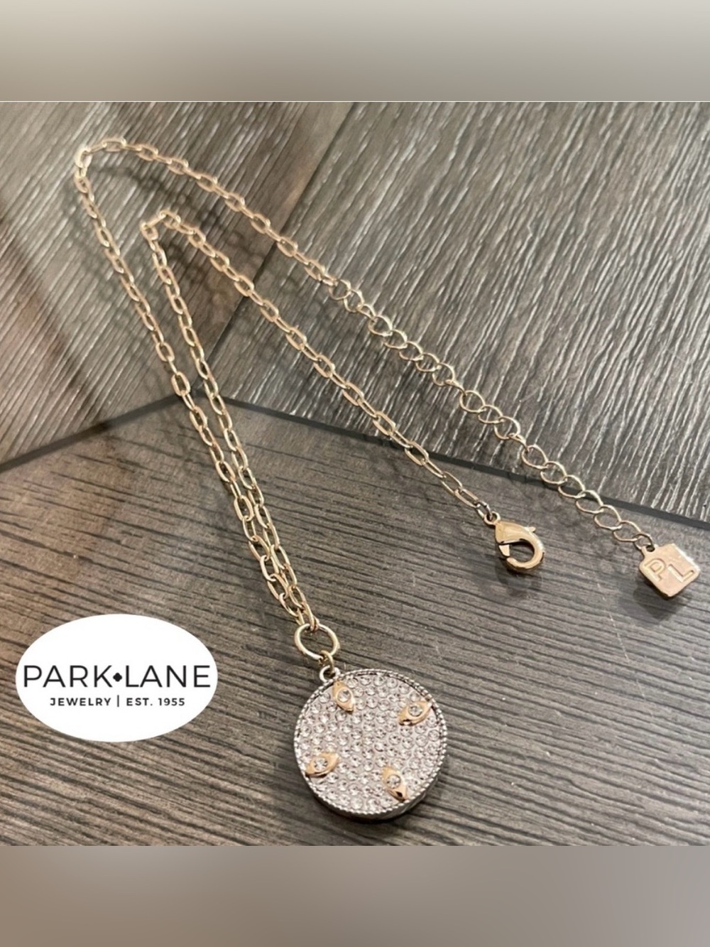 Park Lane Lennox Gold and Crystal Pave Round Pendant Necklace NWT